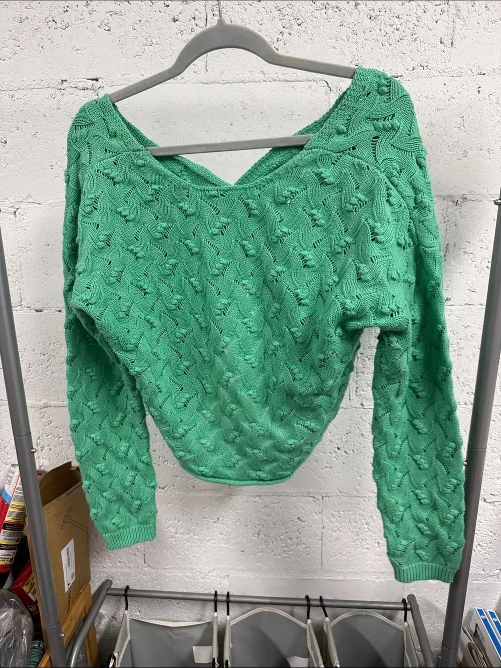 Green V‑Neck Knit Sweater - Open Back - LIKE NEW - Size Small